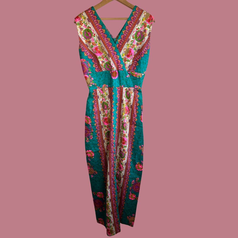 Vintage 60s Alice Polynesian PermaPress Teal and Pink Maxi Dress